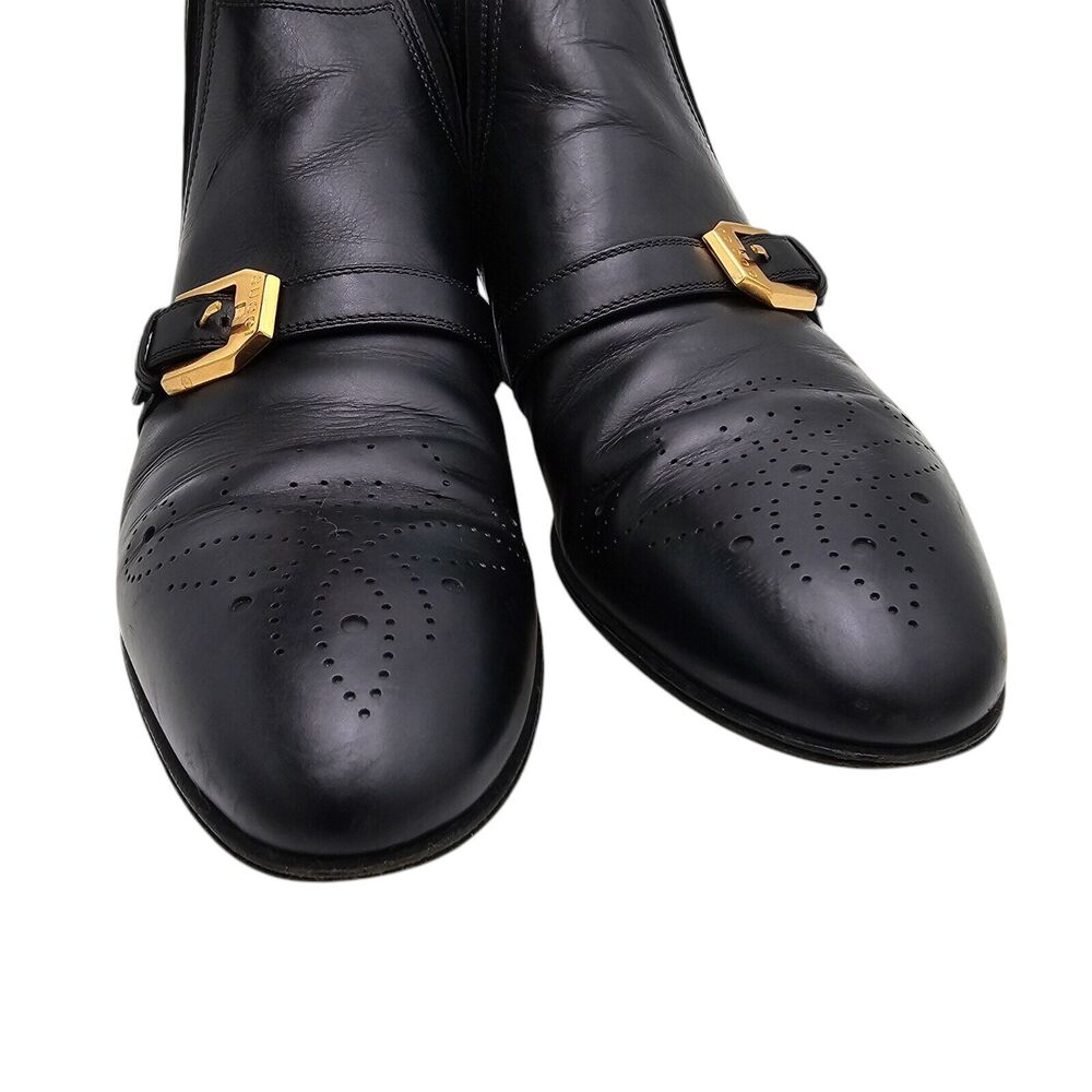 Gucci Worsh Black Leather Chelsea Ankle Boot Size 38.5 US 8.5 Gold Buckle Brogue - Picture 3 of 11